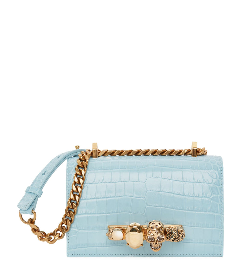 Small Croc-Embossed Leather Jewelled Satchel Bag