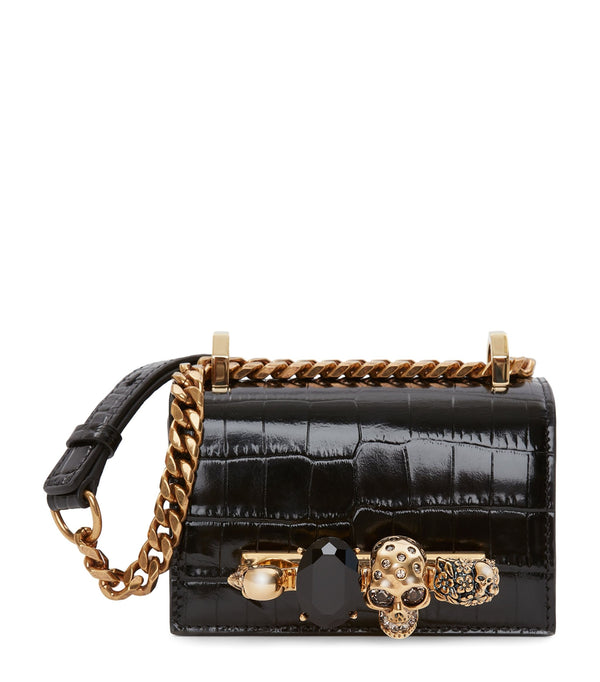 Micro Croc-Embossed Leather Jewelled Satchel Bag